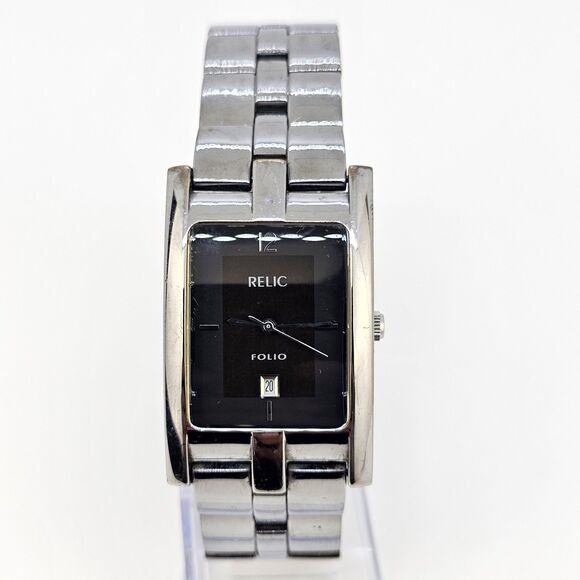 Relic Tank Watch Men 27mm ZR77044 Silver Tone Black Dial Date New Battery 7.5" - Picture 1 of 13